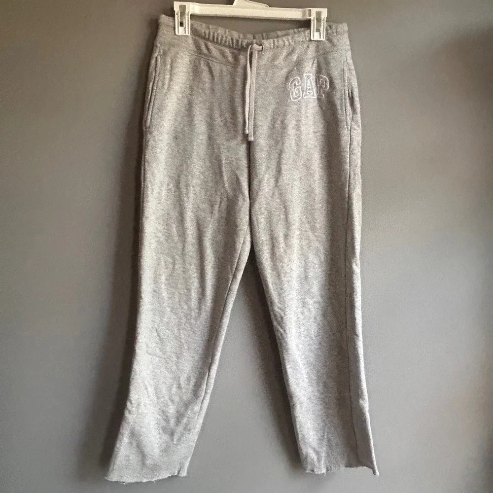 Gap Mens Small Heather Gray Logo Fleece Sweatpants Raw Hem Drawstring Joggers